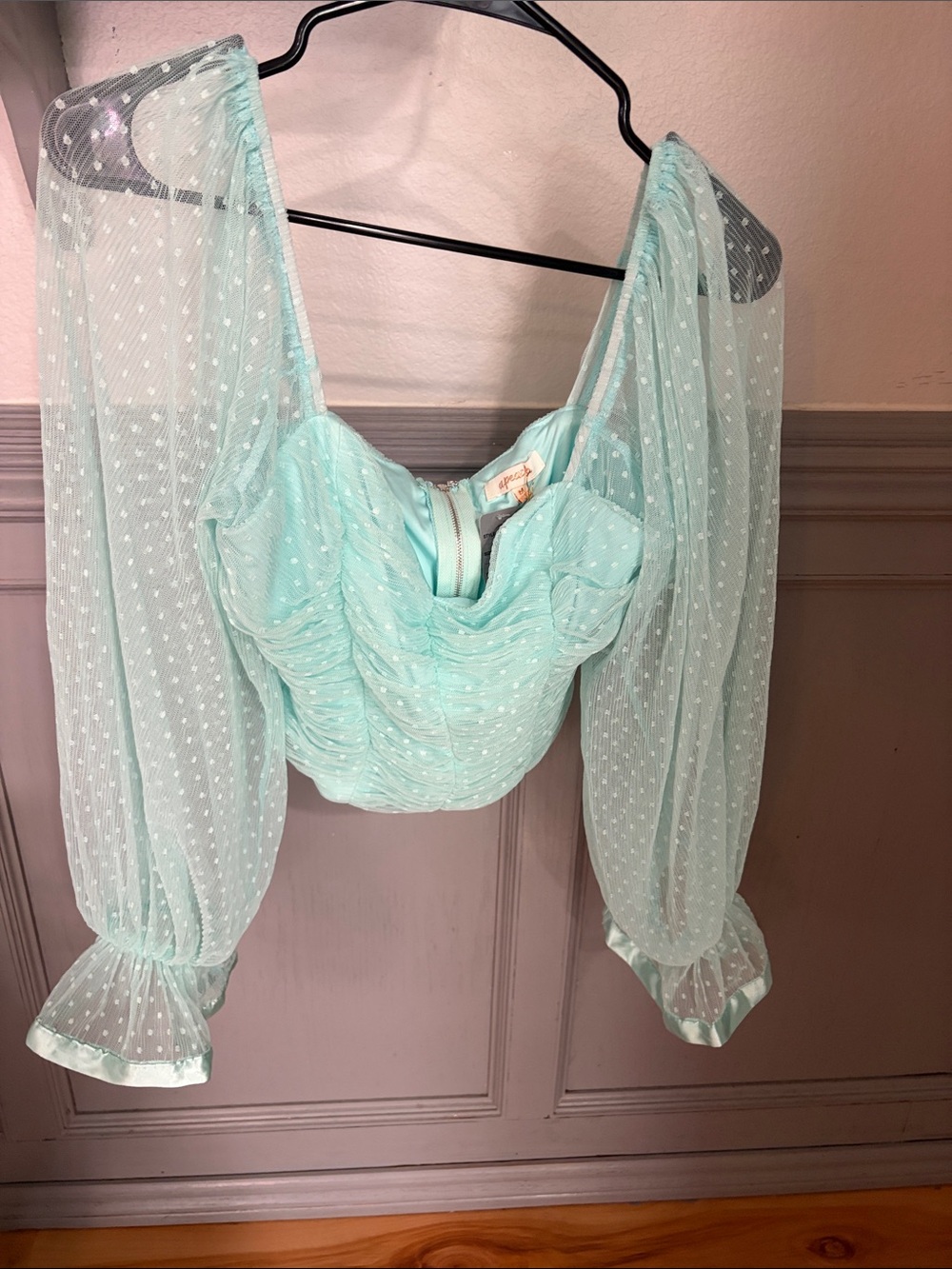 Mint Ruched Swiss Dot Crop Top with Puff Sleeves